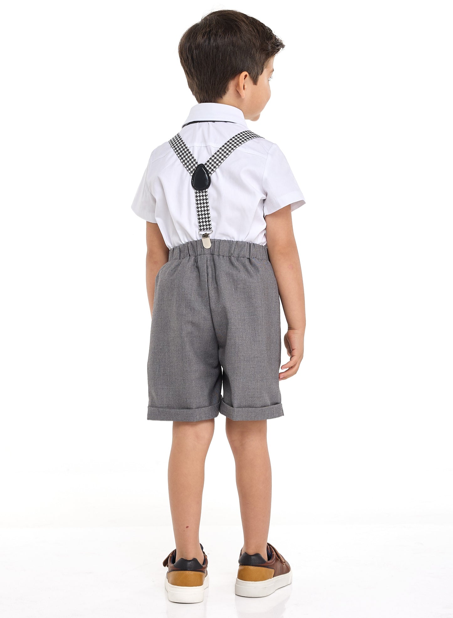 Gray Shorts And Braces Set With Shirt And Bow Tie