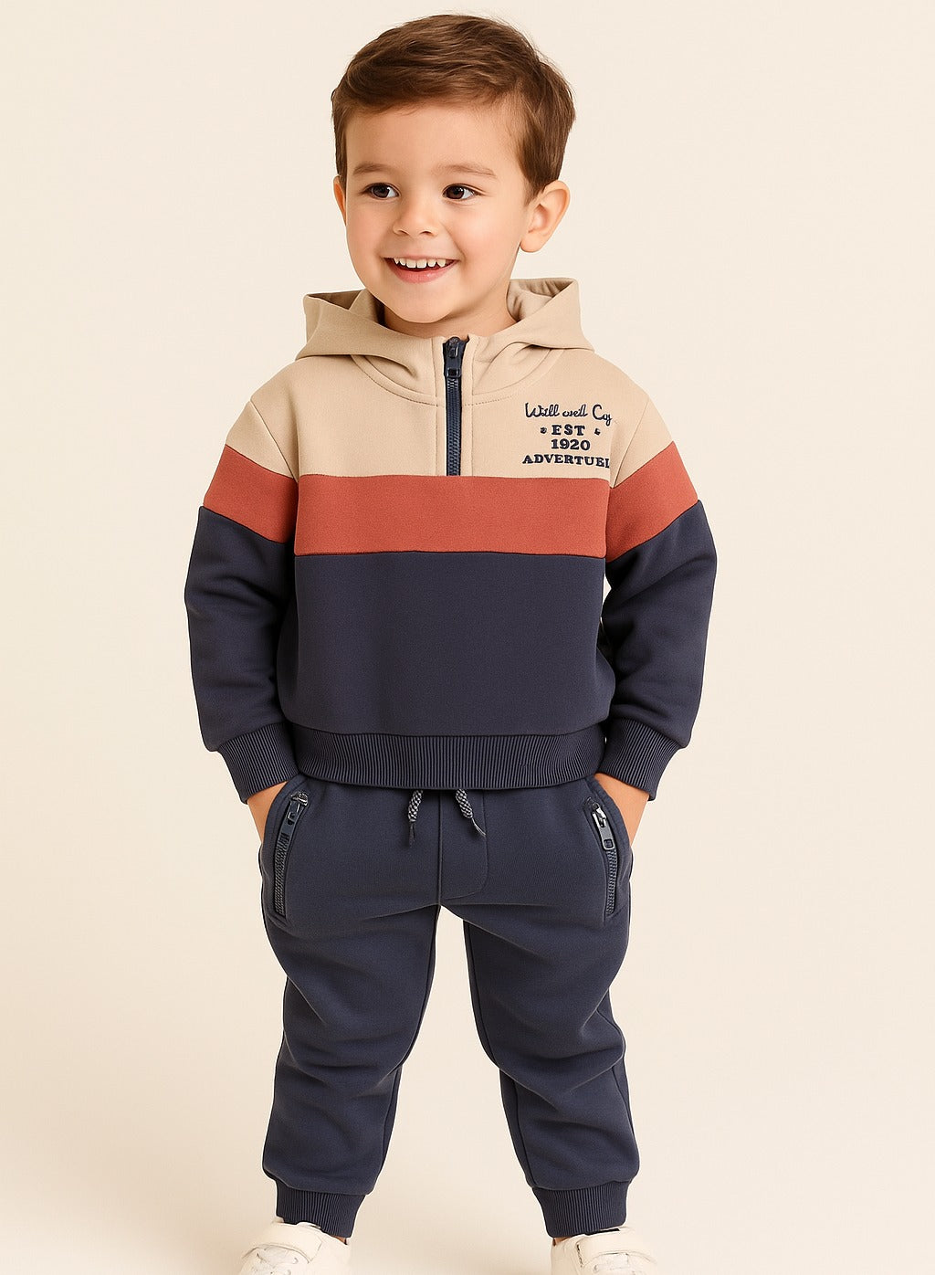 Boys Colorblock Fleece Tracksuit – Cream, Terracotta & Grey 2-Piece Set