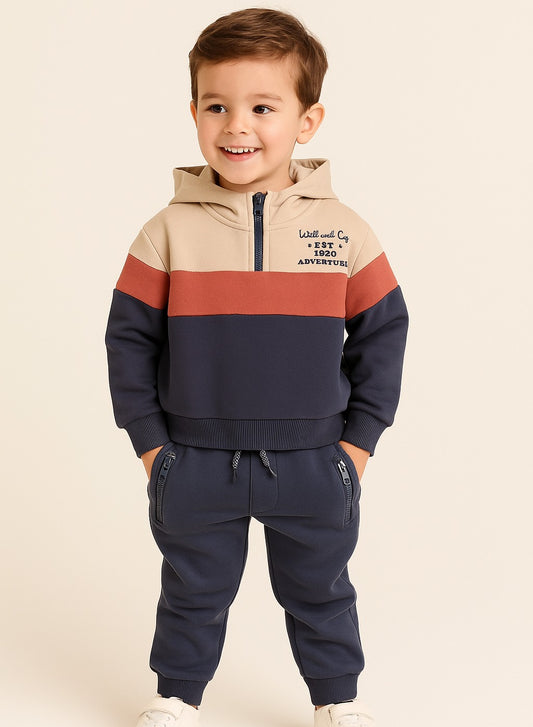 Boys Colorblock Fleece Tracksuit – Cream, Terracotta & Grey 2-Piece Set