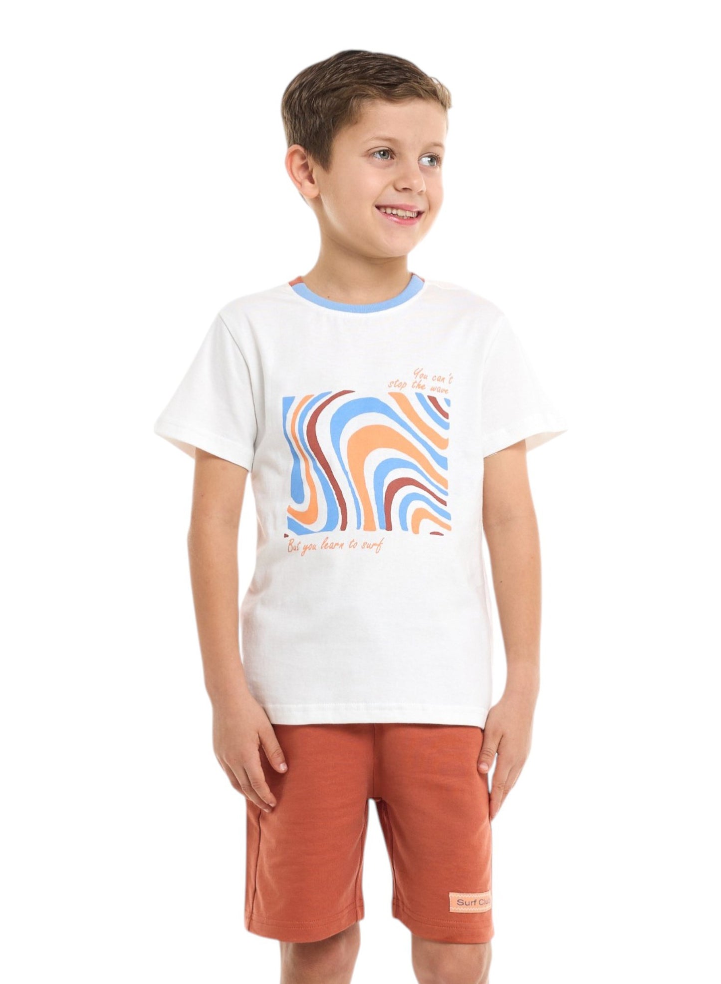 Victor and Jane Cotton Round Neck T-Shirt & Shorts Set – Detailed Print - Off White and Rust