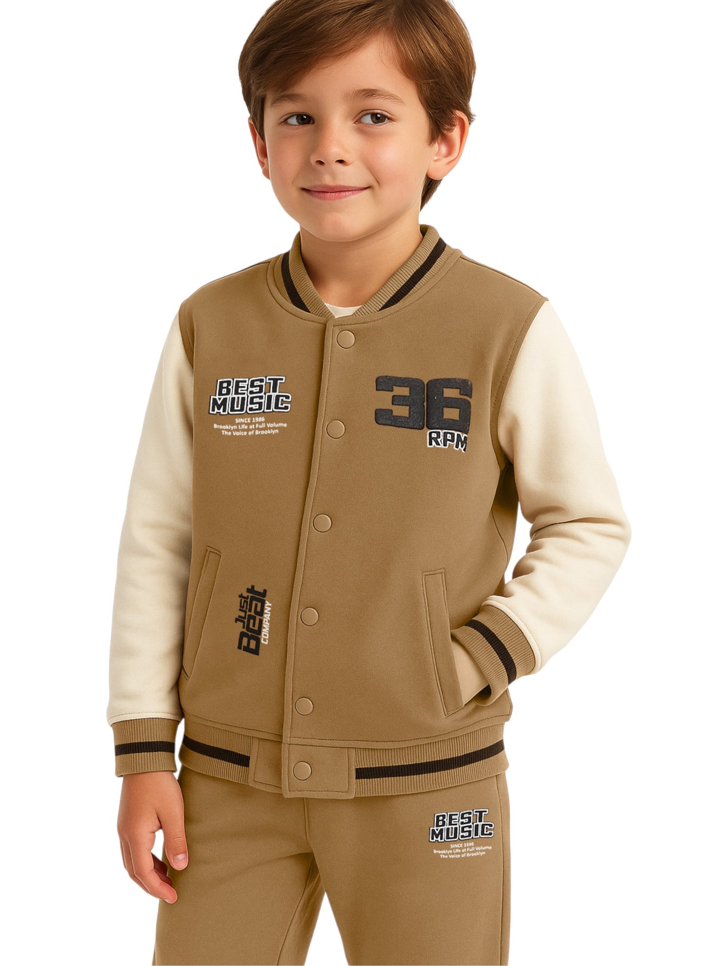 Boys’ Stylish Varsity Tracksuit – Brown Rhythm Print Jacket & Joggers