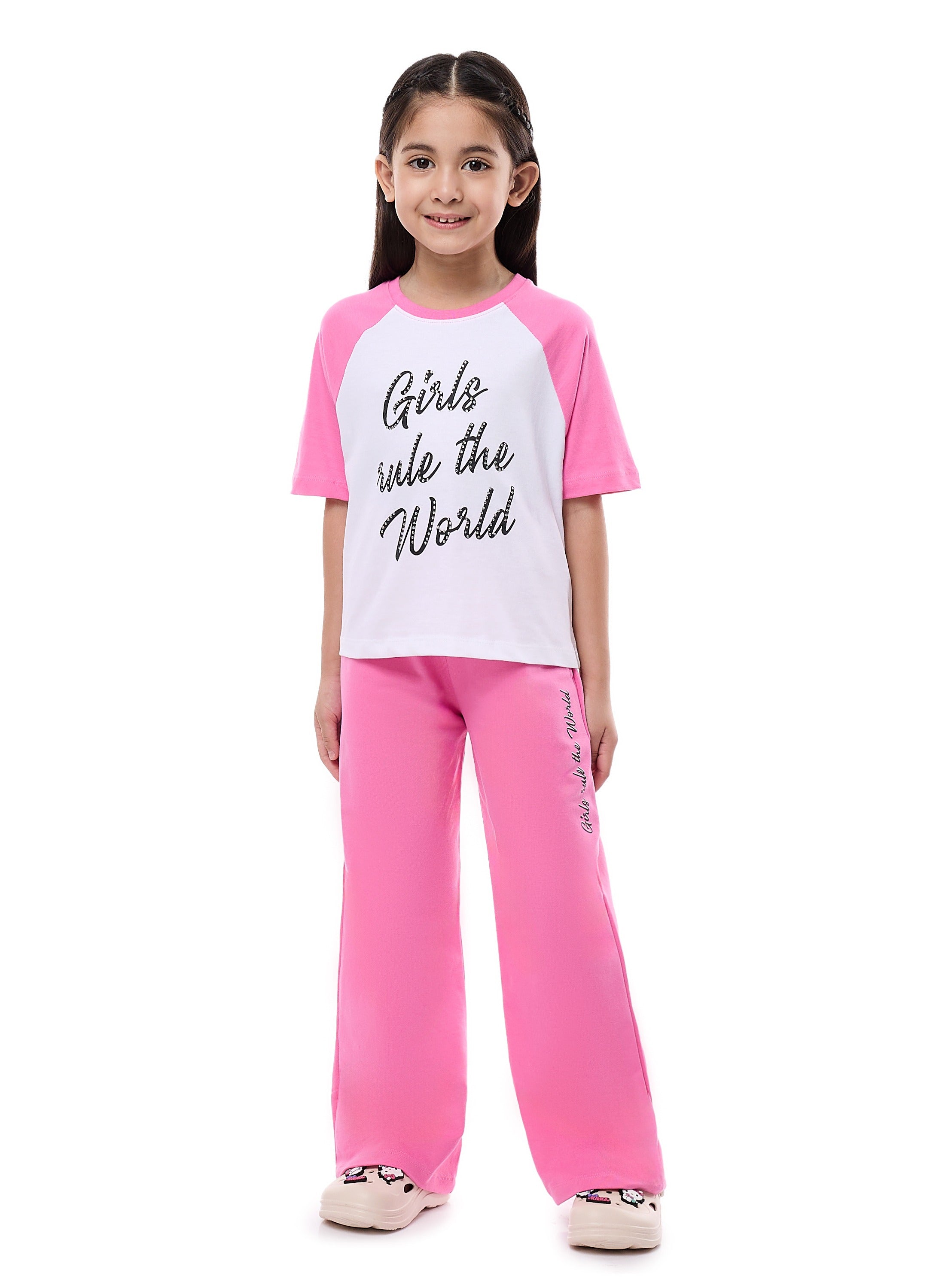 Victor And Jane Girls 2 Pc Set - Embellished Top With Matching Straight Pants With Detail