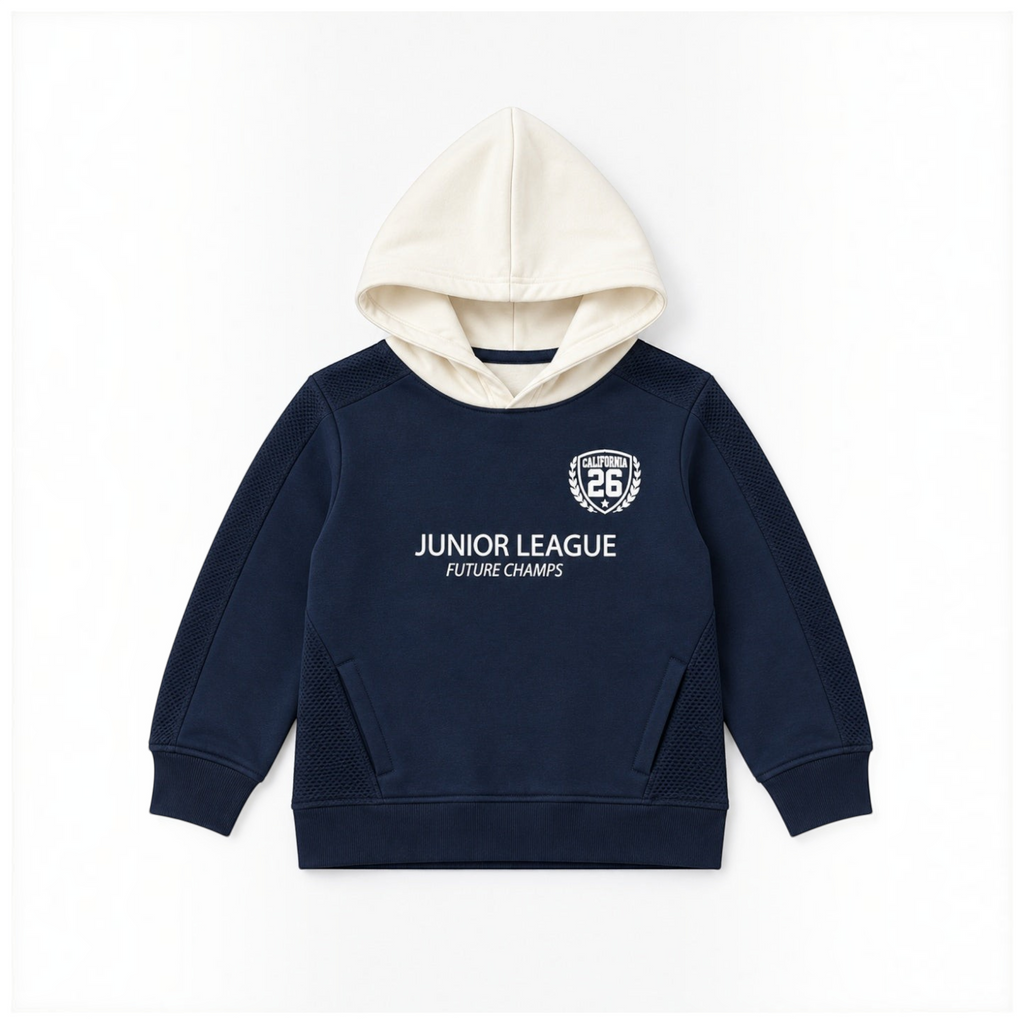 victor and jane boys navy blue fleece hoodie with cream hood and Junior League graphic print