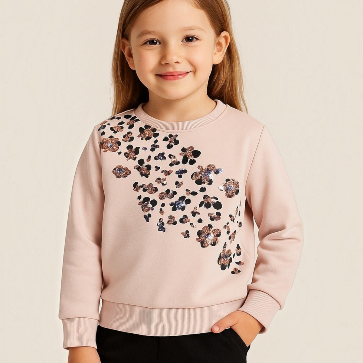 Young girl wearing a victor and jane light pink sweatshirt with a decorative sequin floral pattern on the chest.