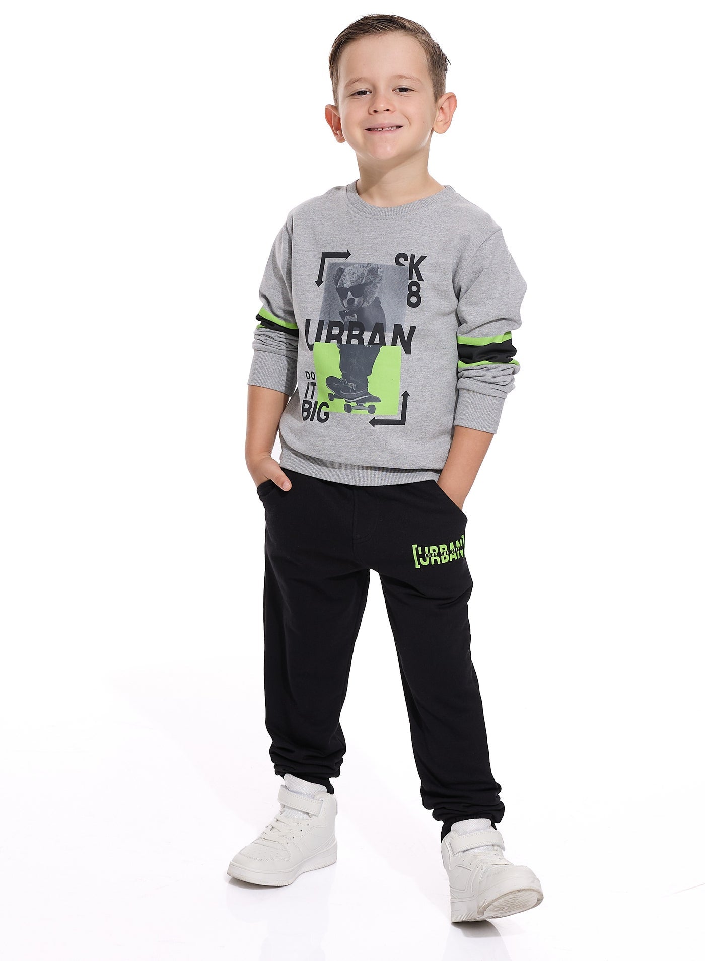 Boys' 2-Piece Sweatshirt Cut & Sew Grey Mil/ Black  And Black Jogger Set