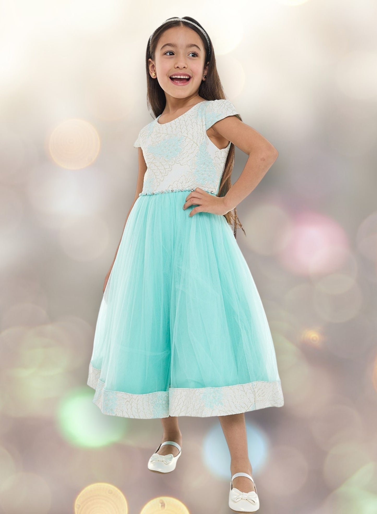 Girls Mint Jacquard & Tulle Dress