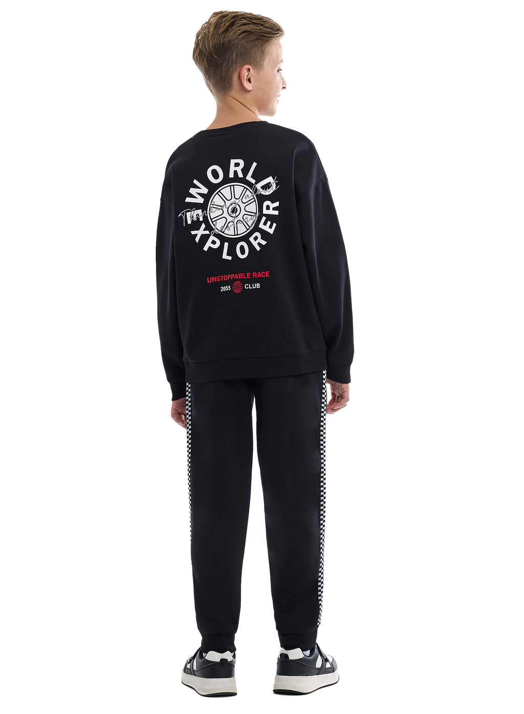 Kids Black Pullover Hoodie & Joggers Set With Œworld Explorer” Logo