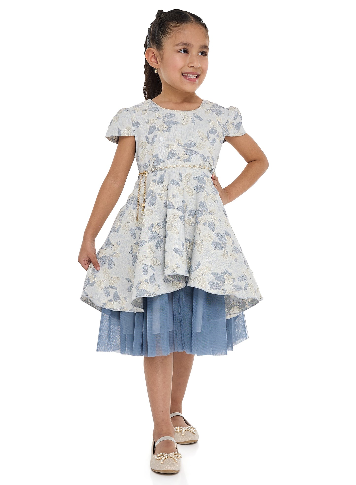 Girls Elegant Lt Blue/Gold Jacquard & Tulle Party Dress