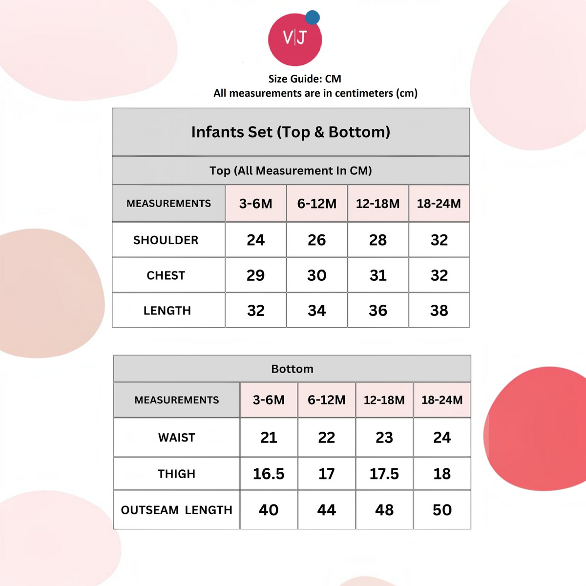 victor and jane infant clothing size chart for tops and bottoms in centimeters for ages 3 to 24 months