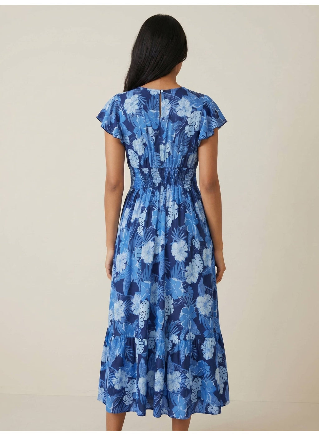 Blue Floral V-Neck Dress With Flutter Sleeves