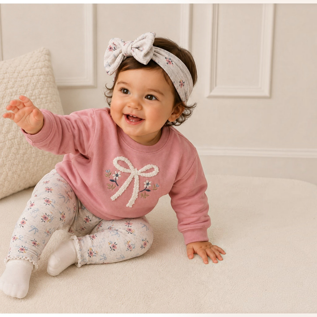 victor and jane baby girl pink sweatshirt with bow graphic and floral pants set with matching headband