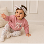victor and jane baby girl pink sweatshirt with bow graphic and floral pants set with matching headband