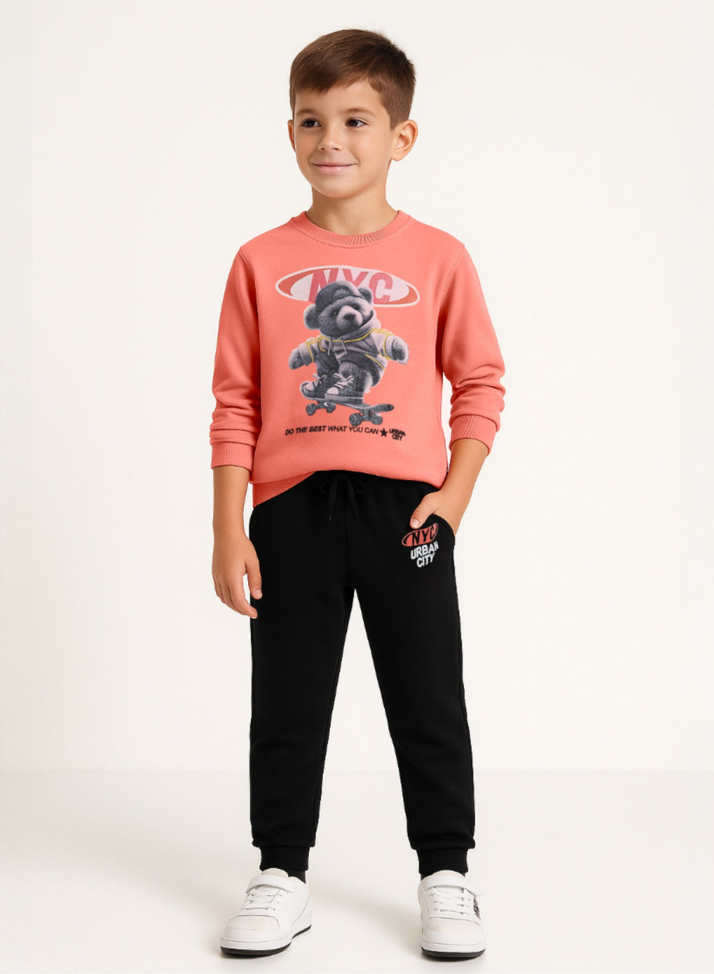 Victor And Jane Skater Bear Printed Full Sleeves Sweatshirt And Joggers Set - Peach/Black