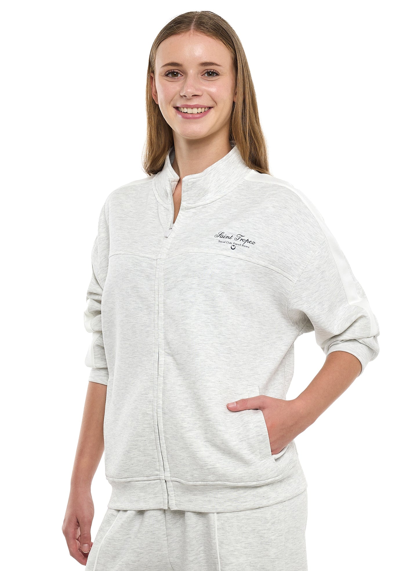 Ladies Grey Striped Track Set – Zip-Up Jacket & Joggers