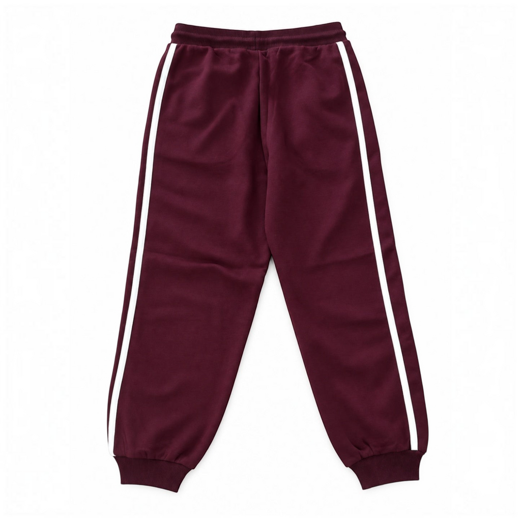 victor and jane girls maroon fleece jogger pants with white side stripes and ribbed cuffs