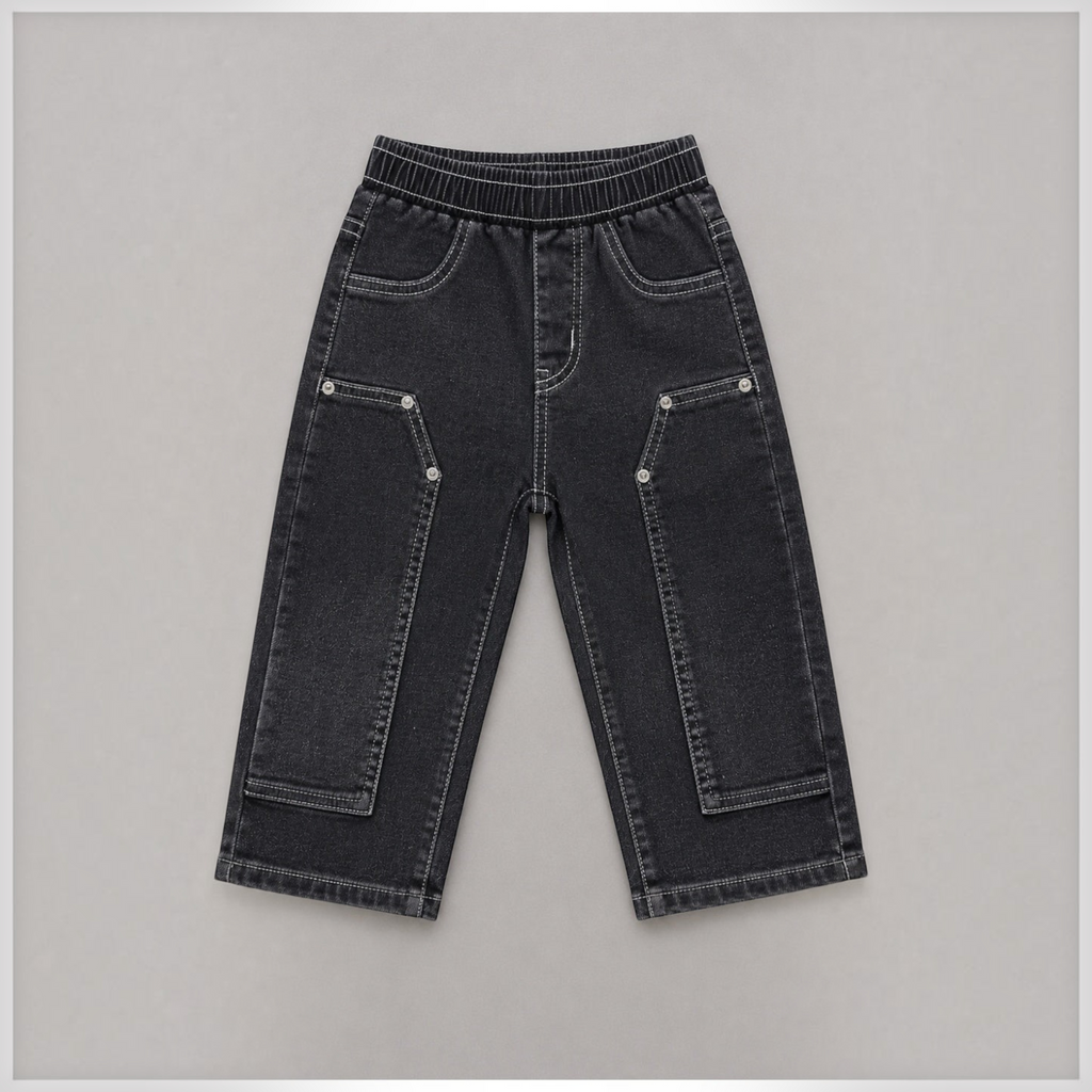 victor and jane boys black denim pants with elastic waistband and contrast white stitching detail