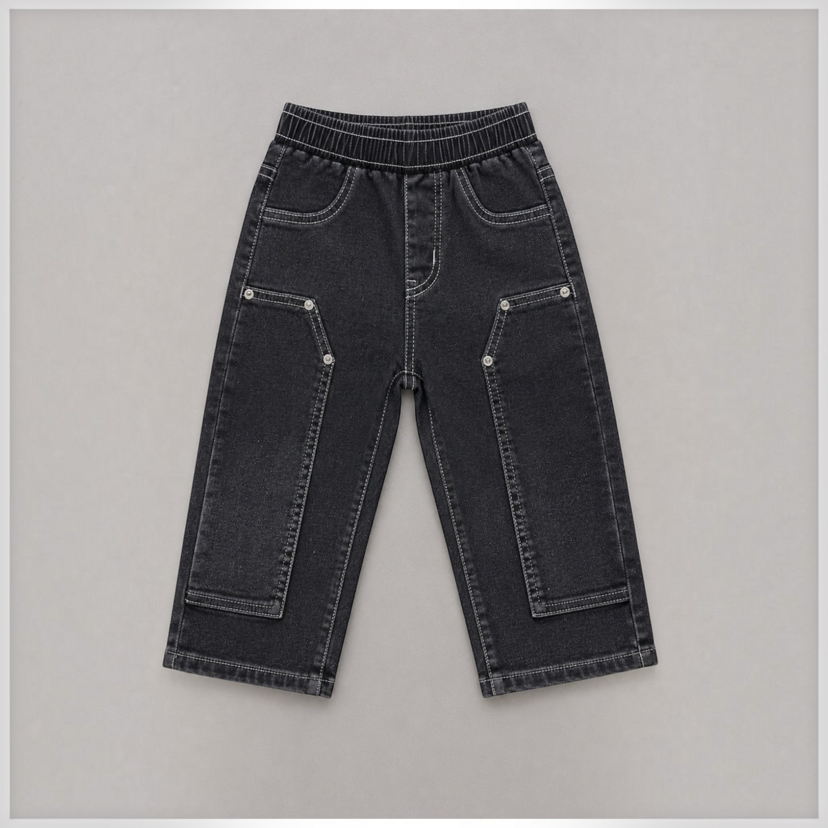 victor and jane boys black denim pants with elastic waistband and contrast white stitching detail