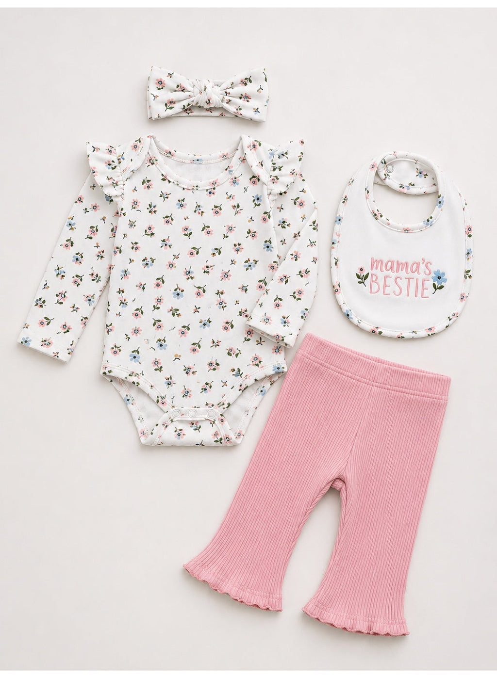 Baby Girls Floral Bodysuit, Pants and Bib Set with Headband (4-Piece)