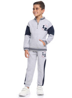 Victor And Jane Cotton La Patch & Printed Full Sleeves Zip Neck Varsity Sweatshirt & Joggers Co-Ord Set - Grey & Navy Blue