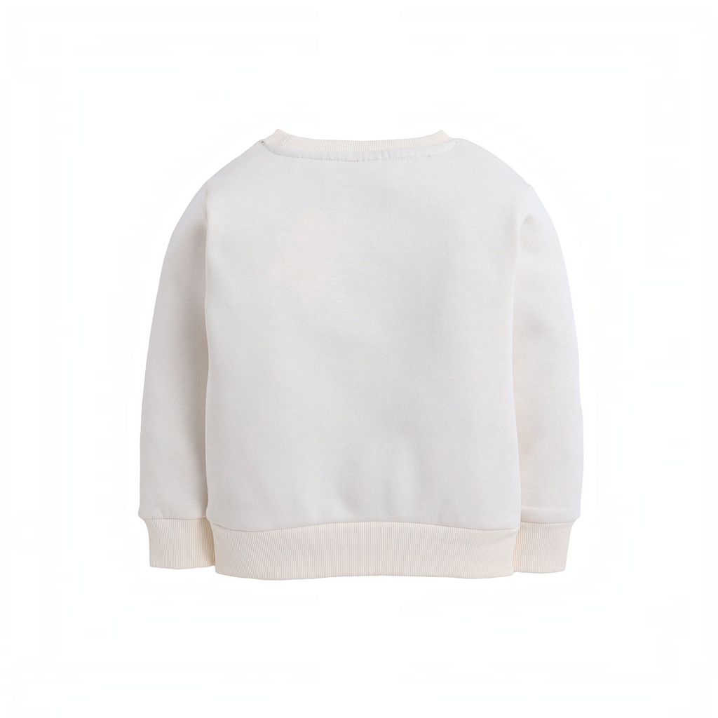 Back view of a plain cream-colored boys graphic sweatshirt by victor and jane with ribbed cuffs and hem.
