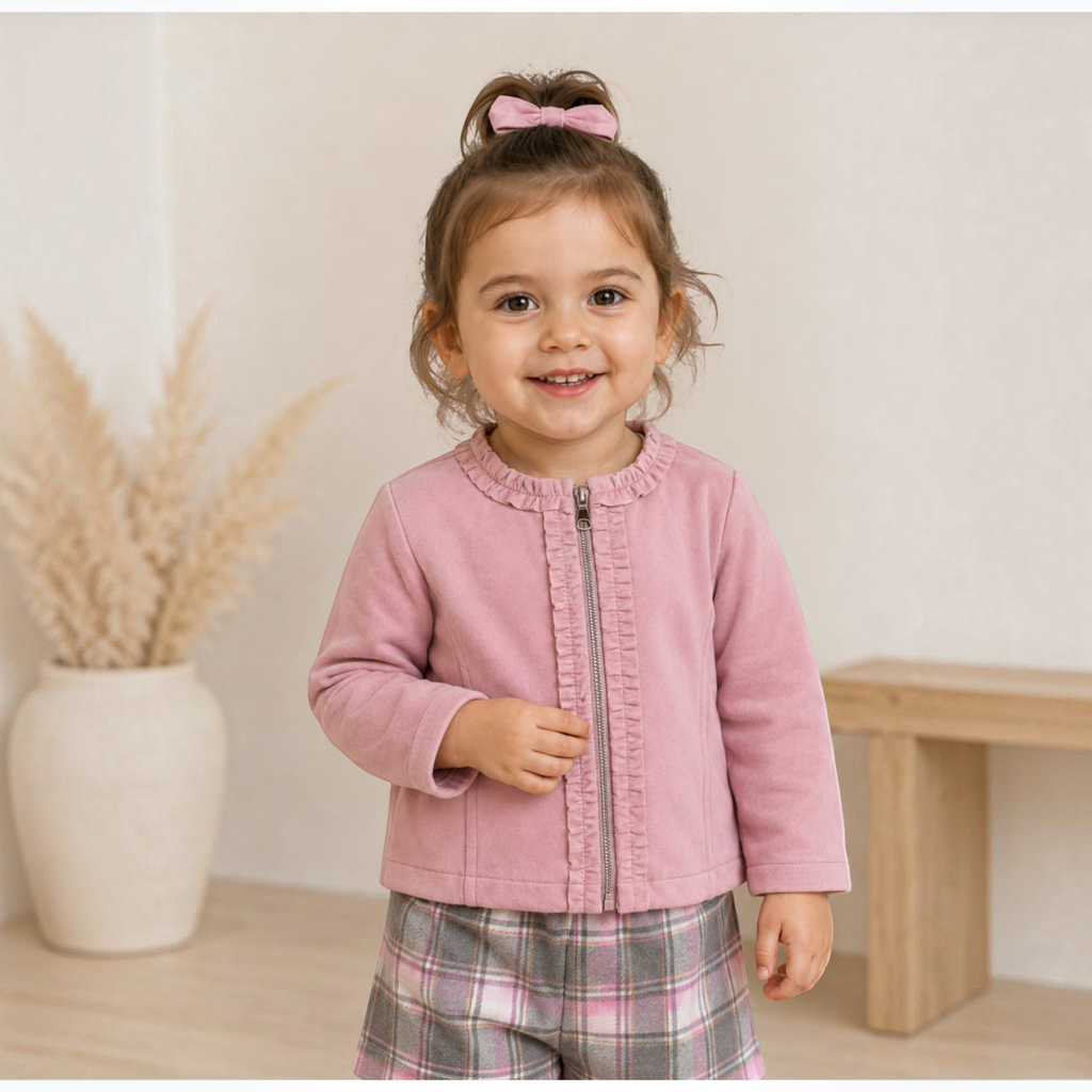 victor and jane girls 4-piece set featuring a pink zip-up cardigan and a grey check skirt worn by a smiling toddler