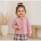 victor and jane girls 4-piece set featuring a pink zip-up cardigan and a grey check skirt worn by a smiling toddler