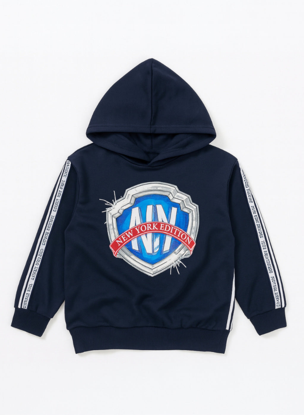 Victor And Jane Cotton Ny Badge Graphic & Side Tape Detailed Full Sleeves Hoodie & Joggers Co-Ord Set - Navy Blue