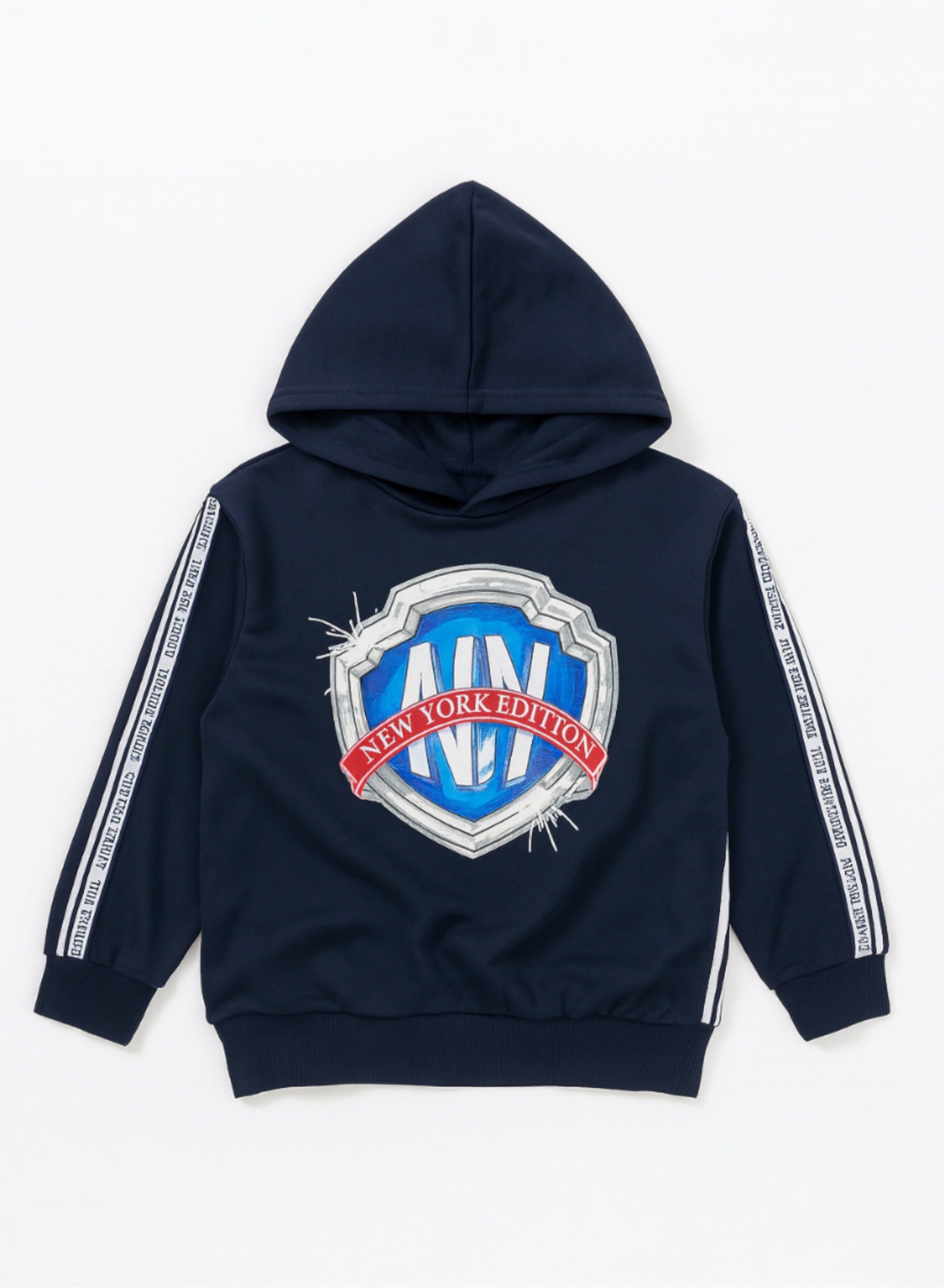 Victor And Jane Cotton Ny Badge Graphic & Side Tape Detailed Full Sleeves Hoodie & Joggers Co-Ord Set - Navy Blue