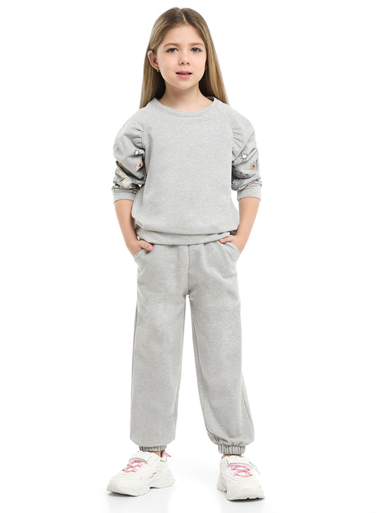 Girls Floral Sleeve Fleece Tracksuit – Light Grey 2-Piece Set