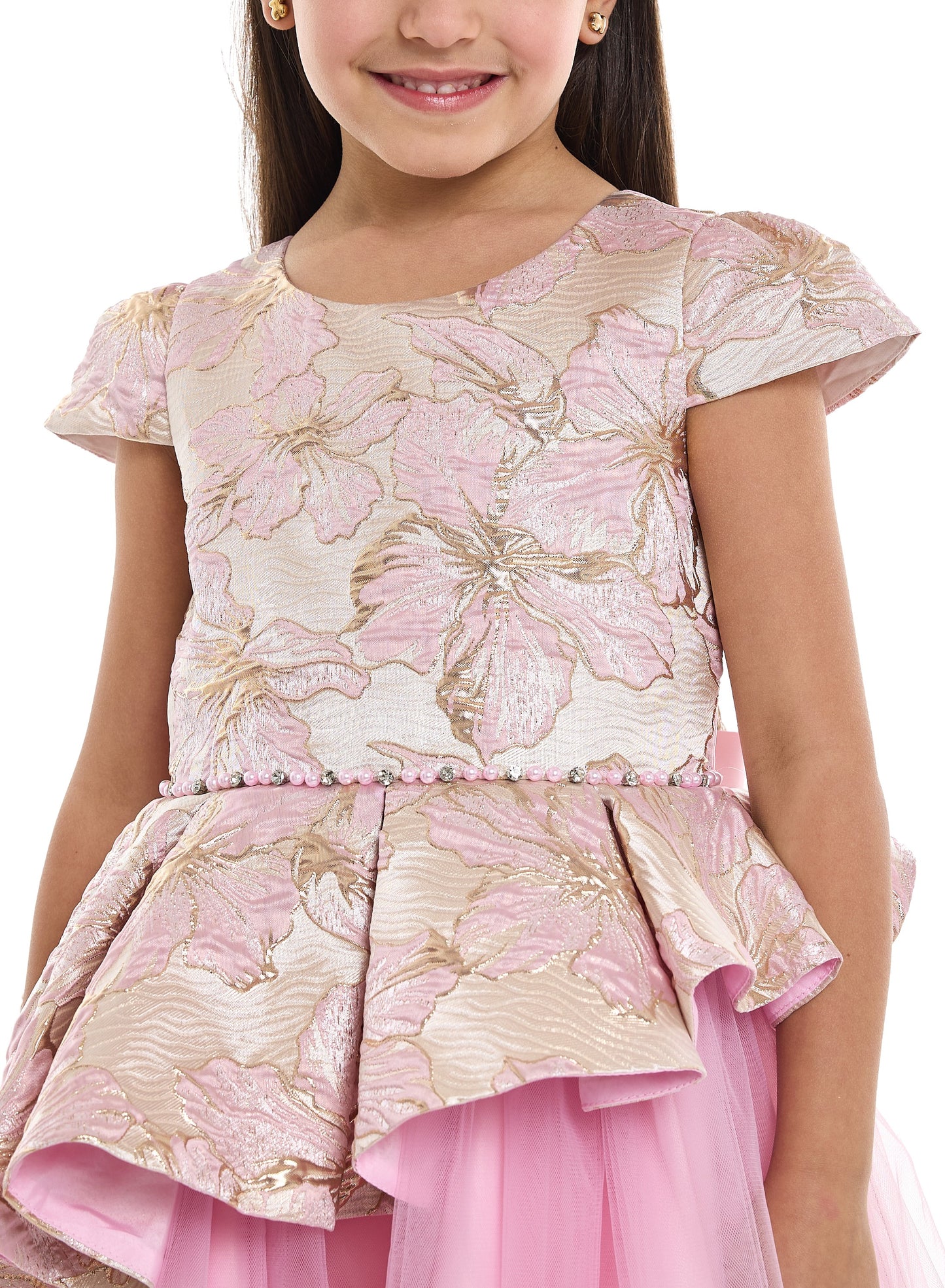 Girls Elegant Pink/Gold Jacquard & Tulle Party Dress