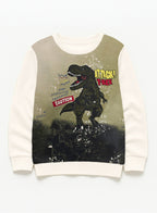 Victor And Jane Cotton Dinosaur Graphic Full Sleeves Sweatshirt & Joggers Set - White & Olive Green