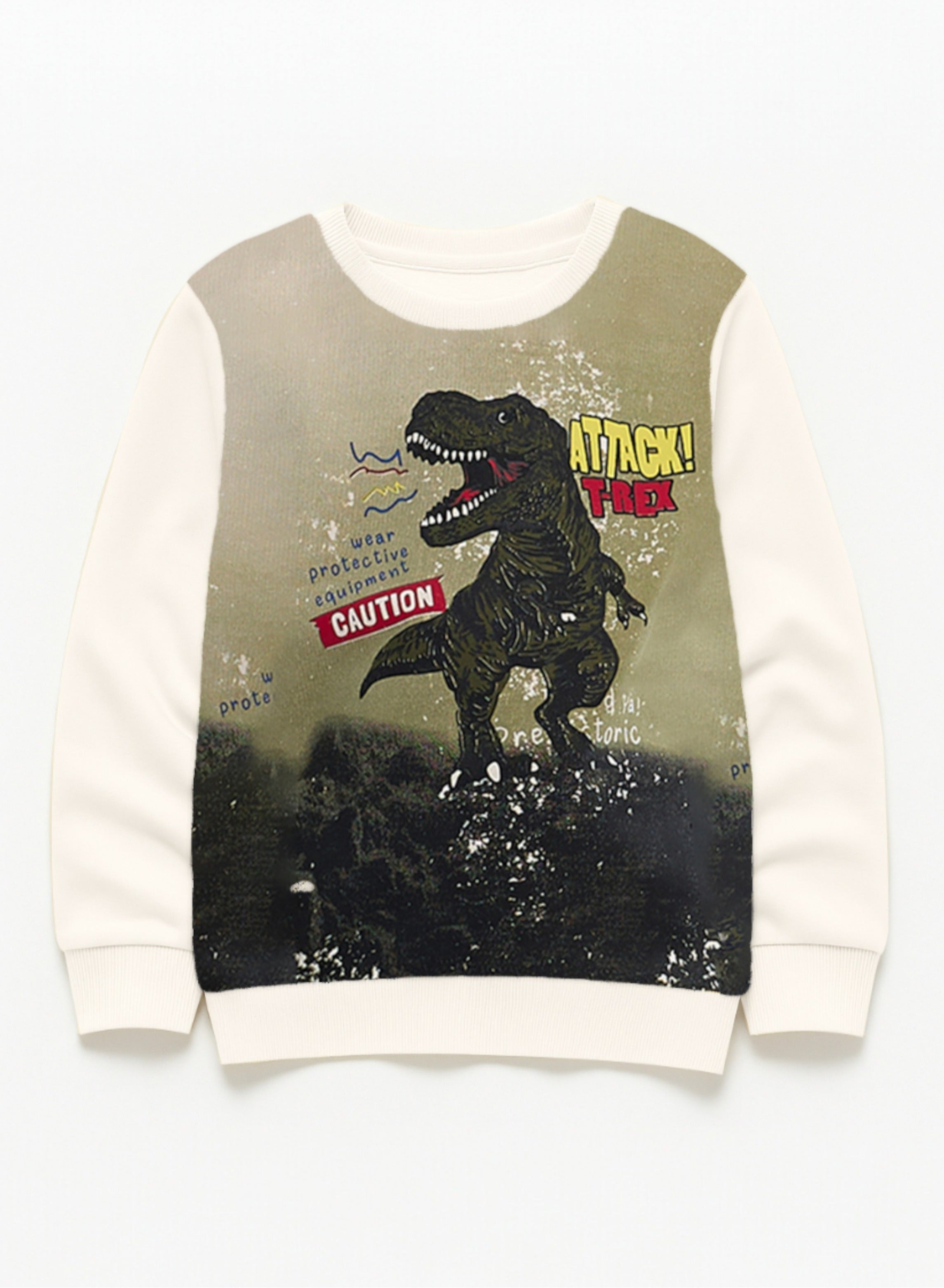 Victor And Jane Cotton Dinosaur Graphic Full Sleeves Sweatshirt & Joggers Set - White & Olive Green