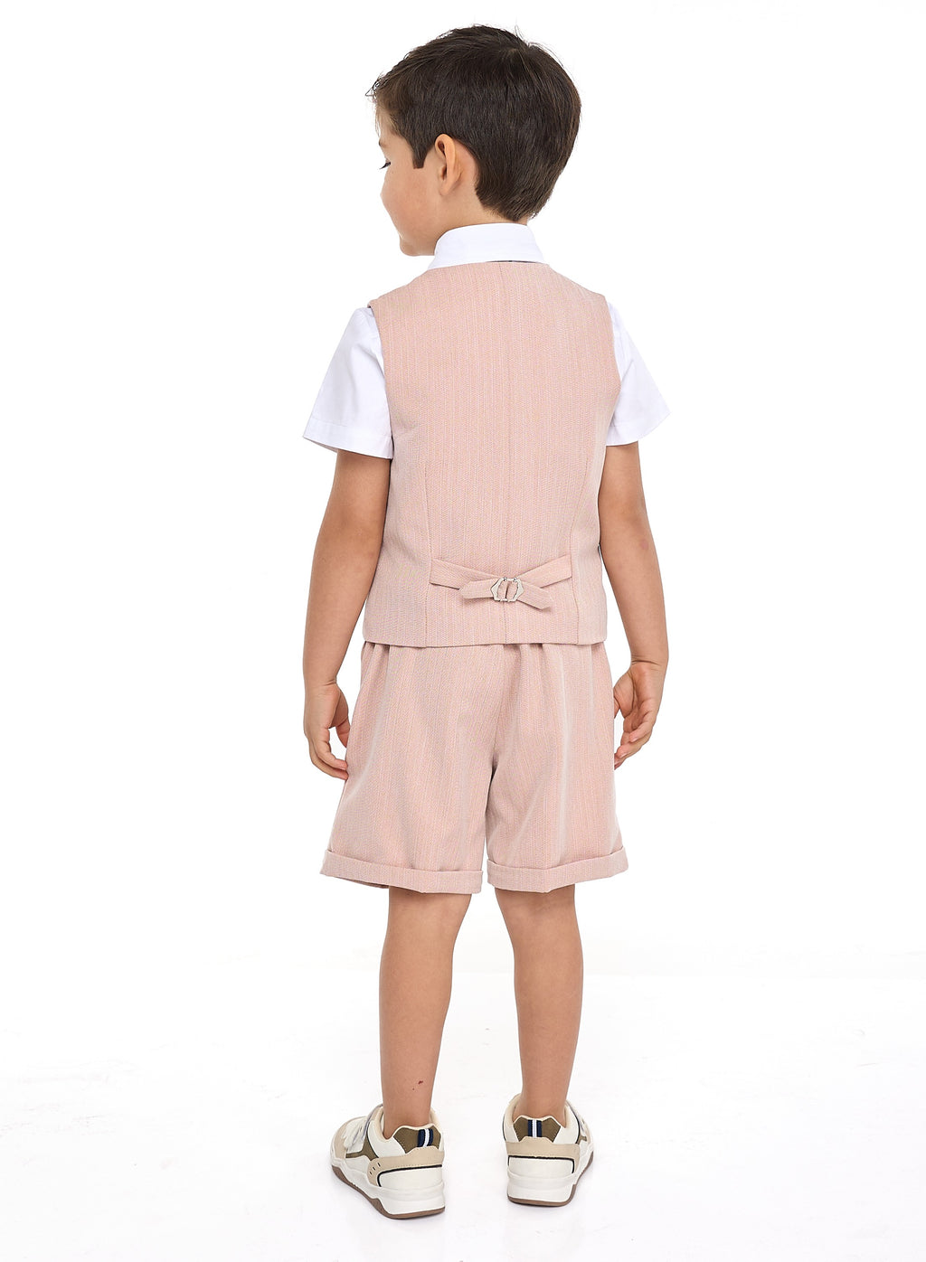 Salmon Color Waistcoat And Short Set With Shirt And Bow Tie