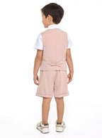 Salmon Color Waistcoat And Short Set With Shirt And Bow Tie