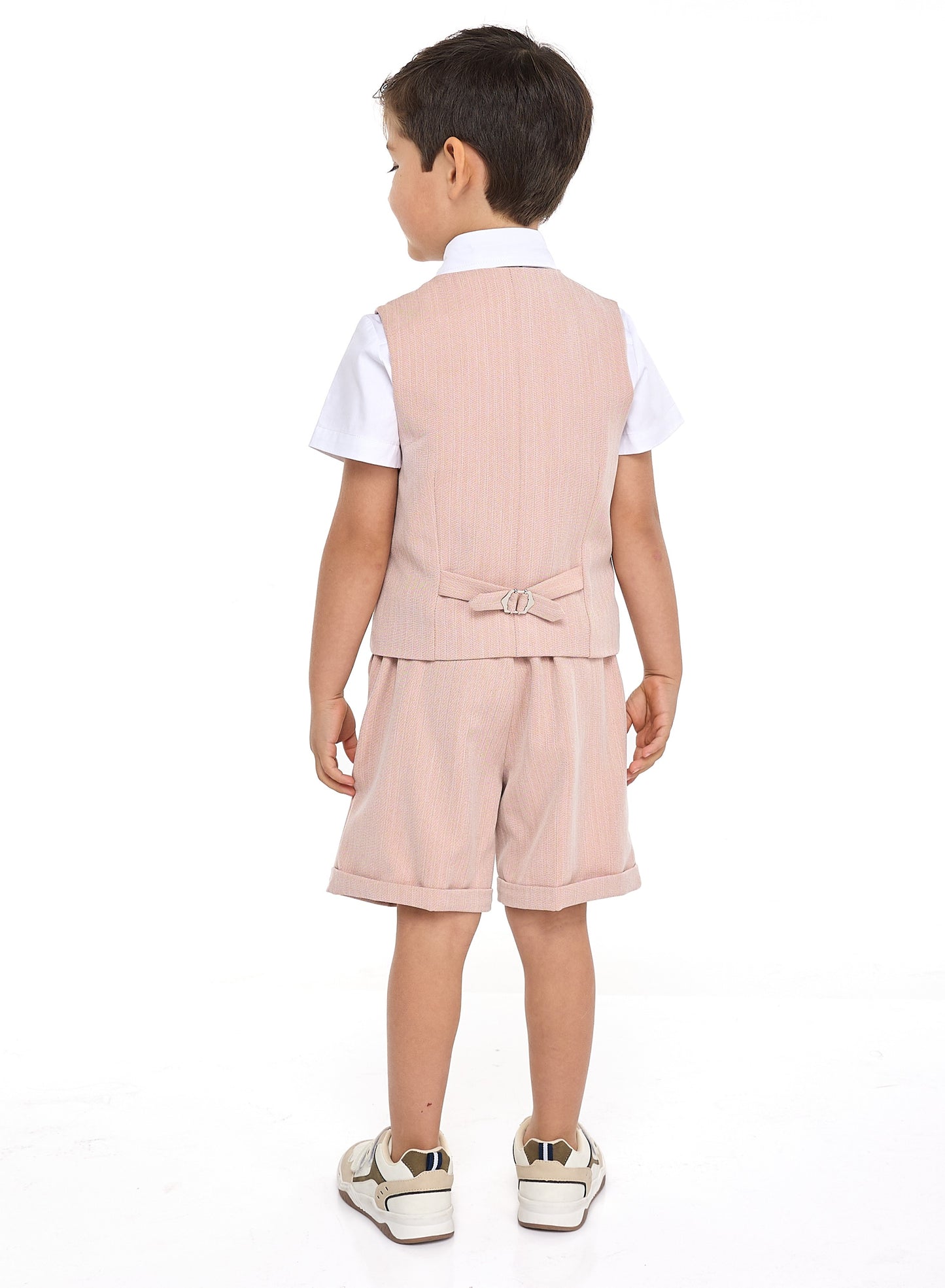 Salmon Color Waistcoat And Short Set With Shirt And Bow Tie