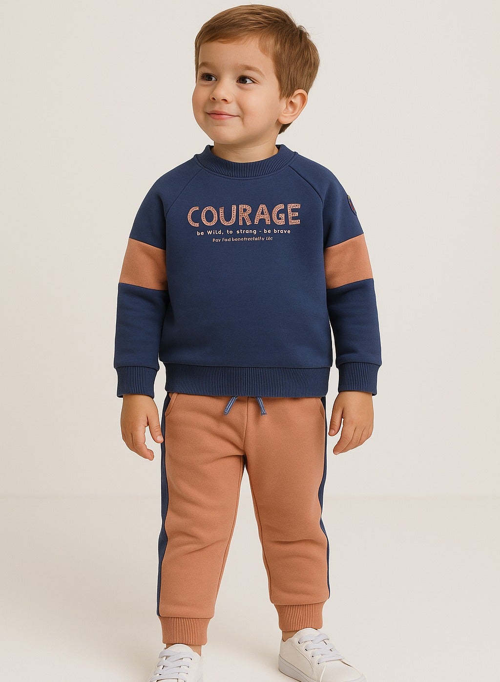 Dirkje Cotton Courage Graphic Print Full Sleeves Sweatshirt & Joggers Set - Blue/Peach