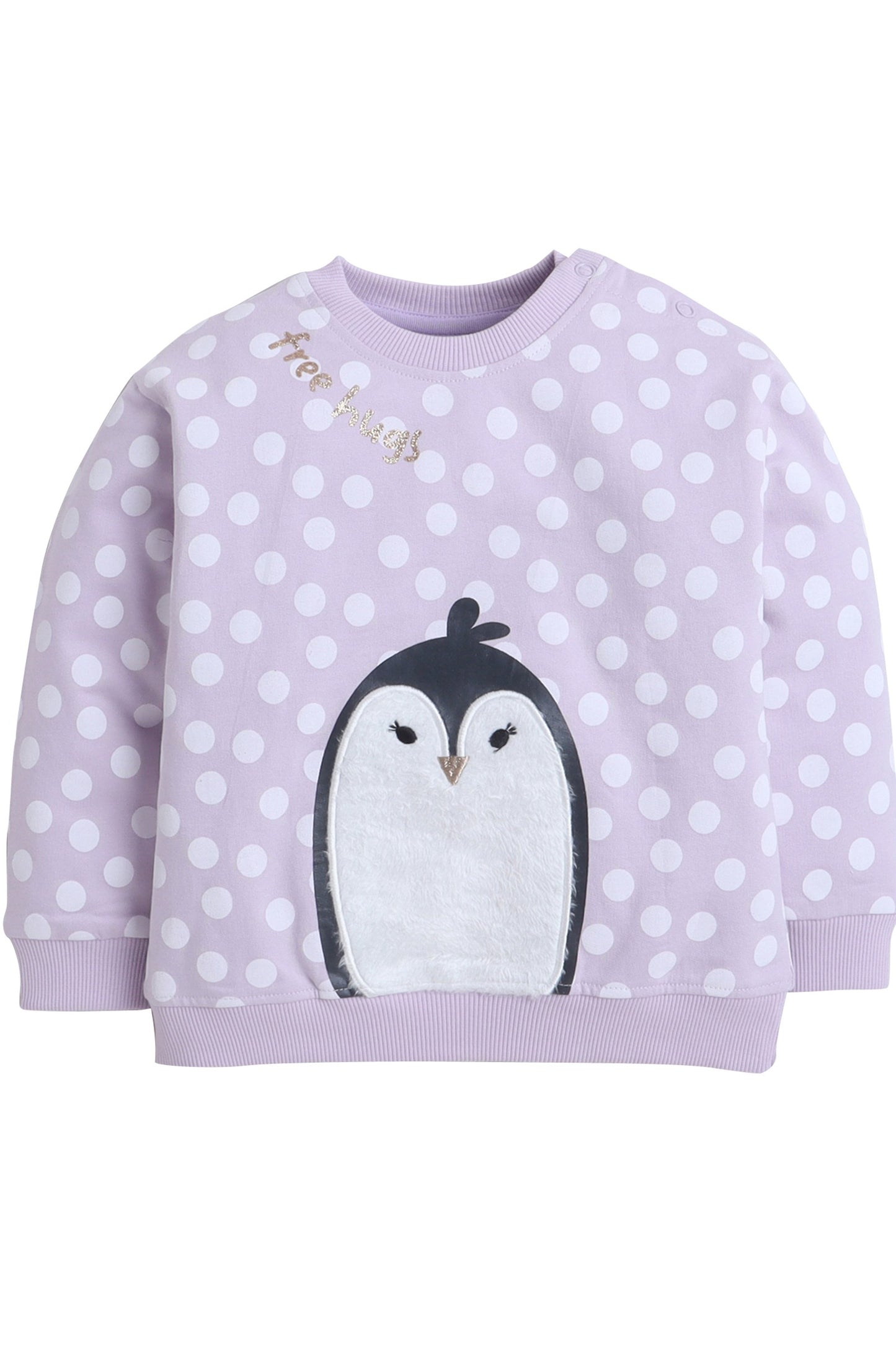 Baby Girl Penguin Appliqué Fleece Tracksuit – Lilac Polka-Dot 2-Piece Set