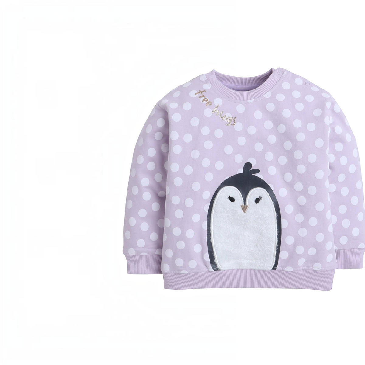 victor and jane lavender polka dot sweatshirt for girls featuring a cute penguin graphic and free hugs text