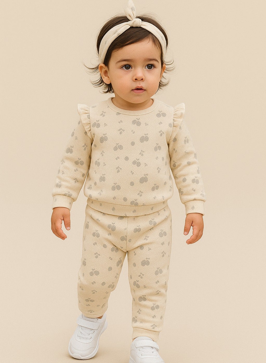 Dirkje Cotton All Over Fruits Printed Full Sleeves Sweatshirt & Joggers Co-Ords Set With Headband - Beige