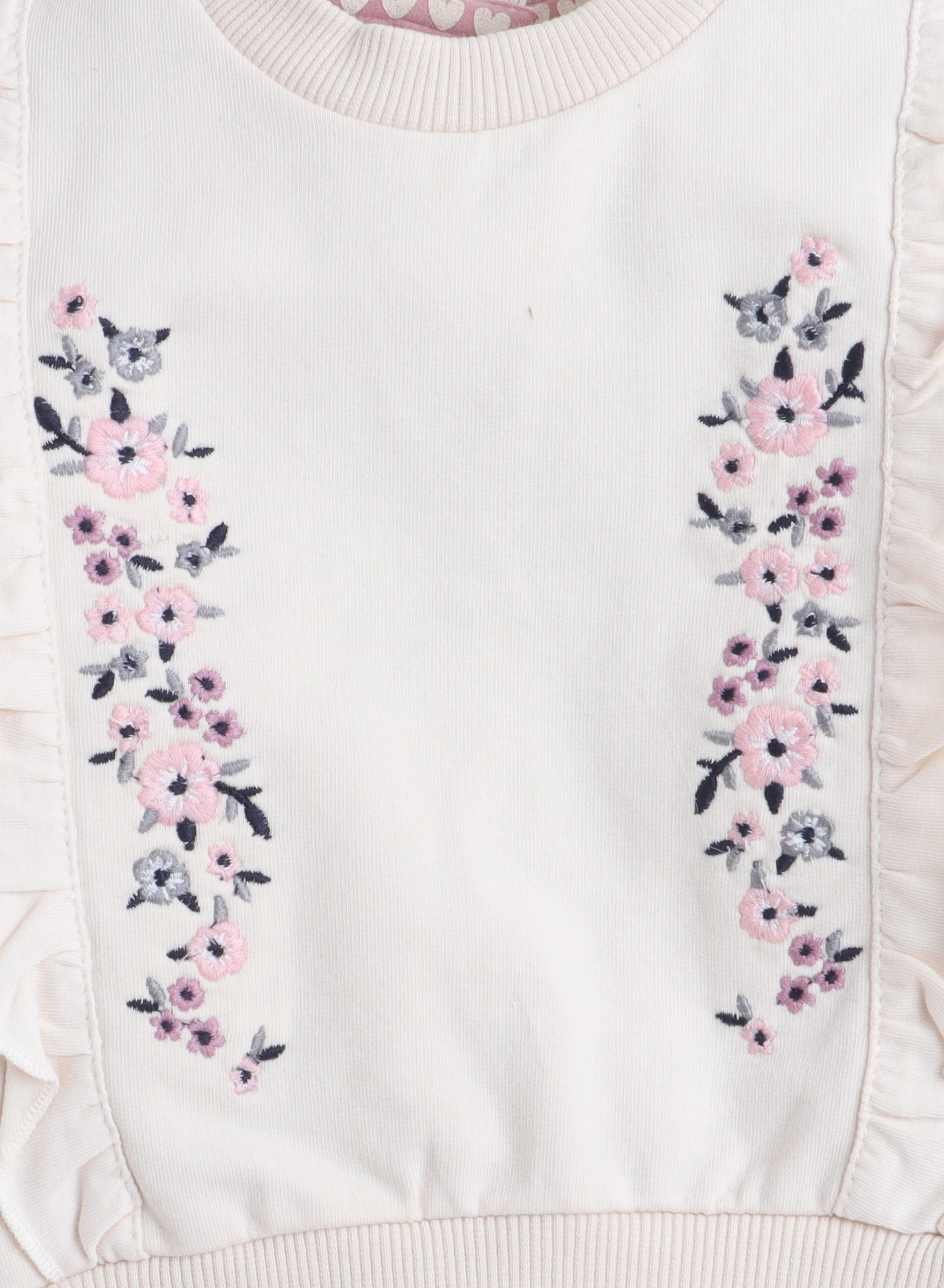 Dirkje Cotton Ruffled Floral Embroidered Sweatshirt And Joggers Set With Headband - White/Navy Blue