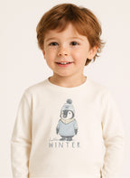 Dirkje Penguin Printed & Embroidered Full Sleeves Sweatshirt And Joggers Set - White/Blue