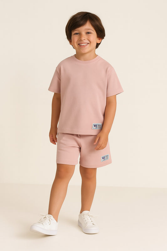 Boys Cotton Interlock Tee & Shorts Set – Peach
