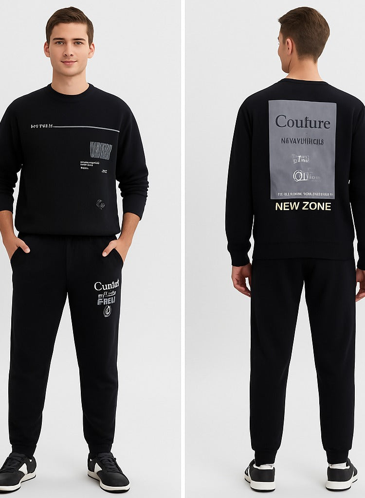 Boys Black Sweatshirt & Jogger Set with Printed Patch Design