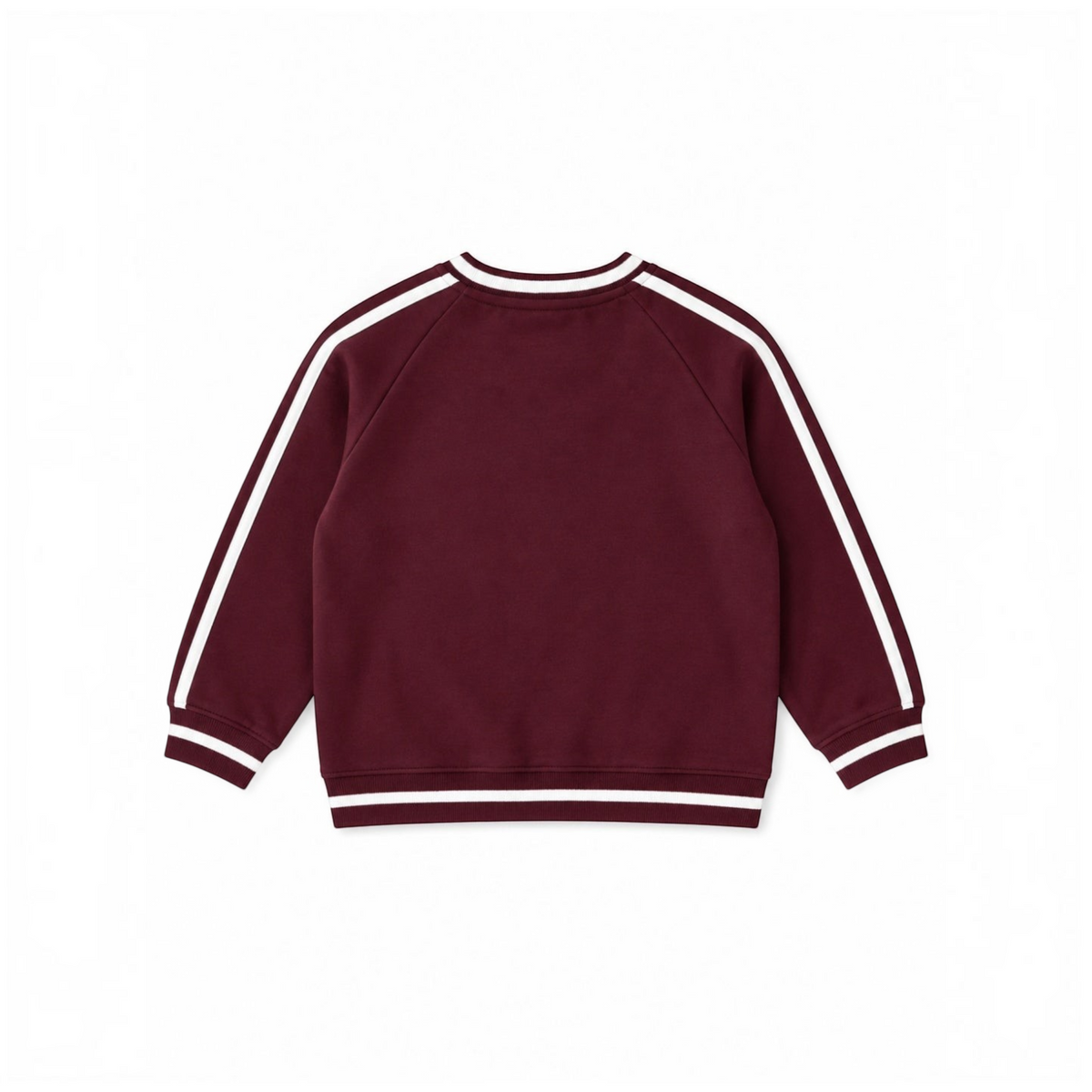 victor and jane girls burgundy fleece sweatshirt with white striped trim on sleeves and hem, back view