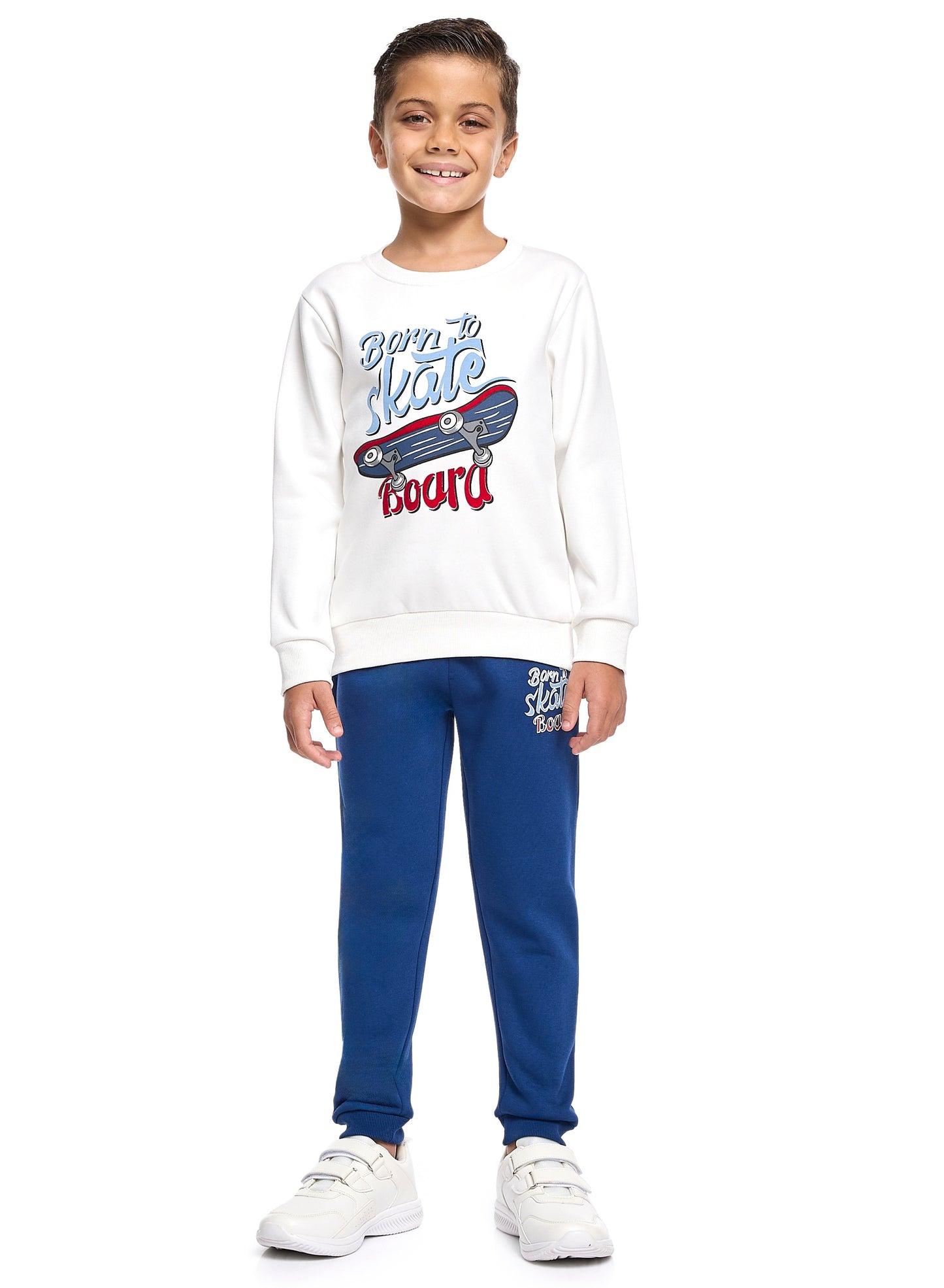 Boys’ Trendy Skate Outfit – White Sweatshirt & Navy Bottoms