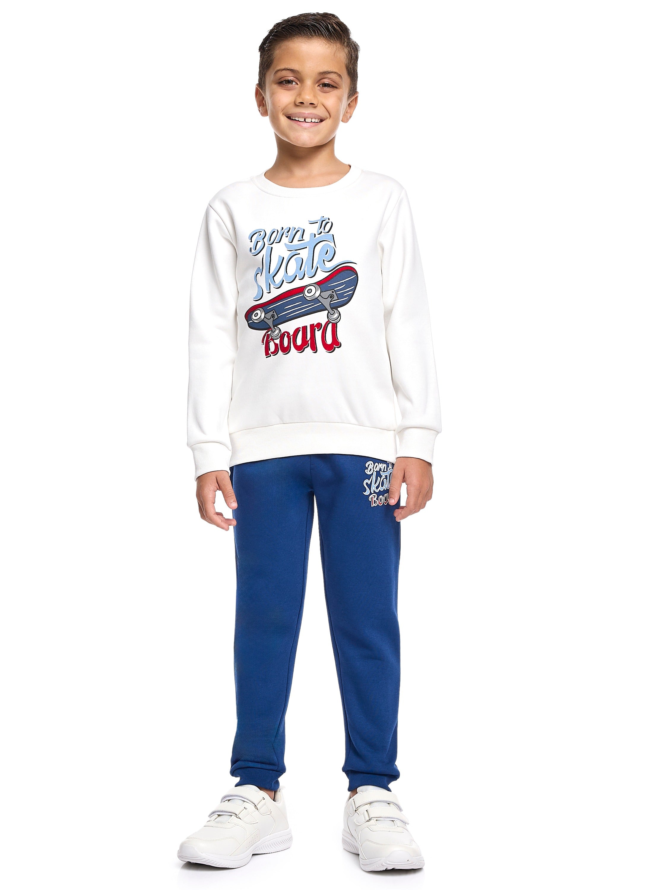 Victor And Jane Cotton Skate Board Graphic Full Sleeves Sweatshirt & Joggers Set - White & Blue