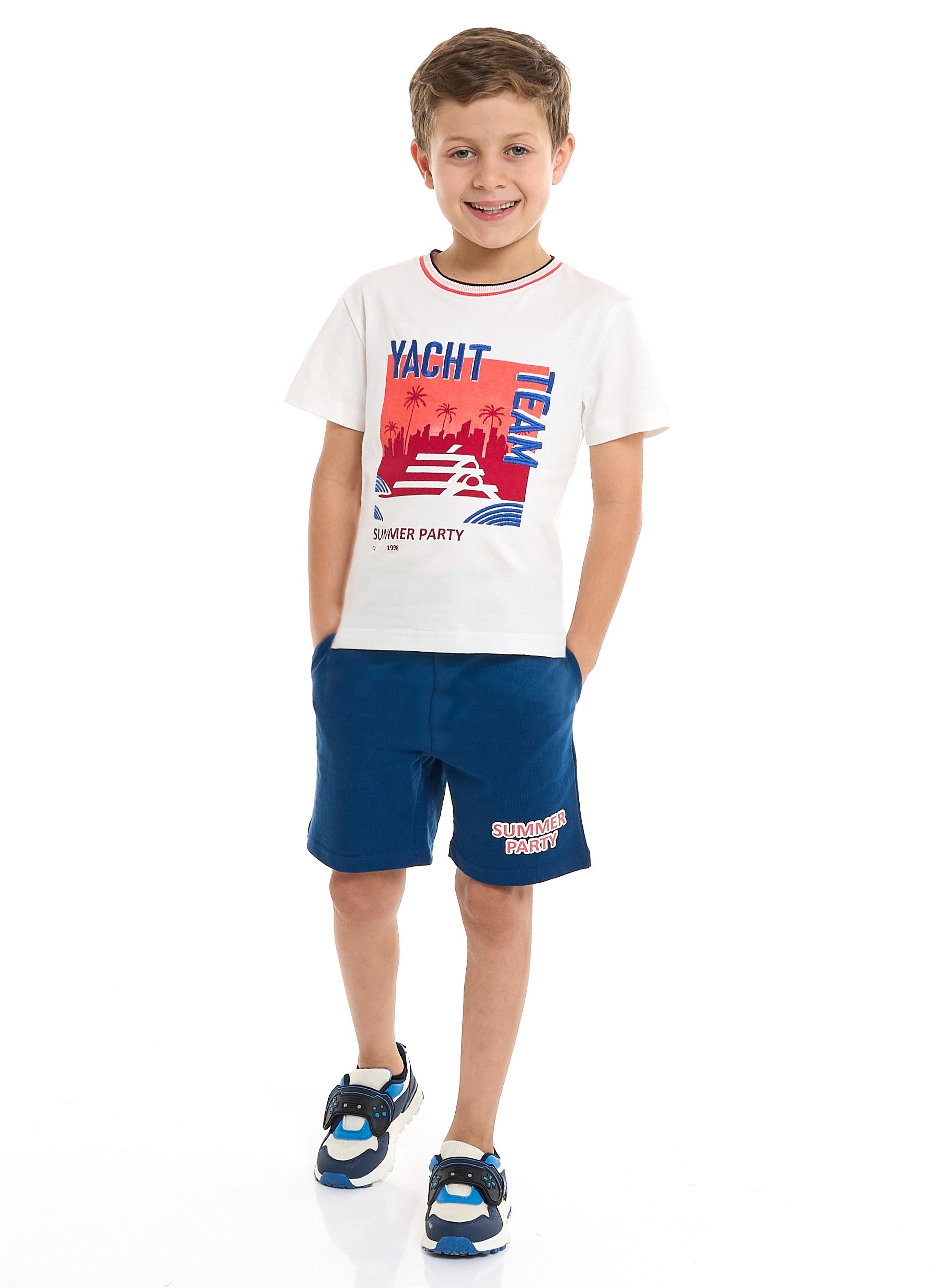 Victor And Jane Junior Boys' 2 Piece Sets With Matching Tshirt And Slogan Print Shorts And Elasticated Waist
