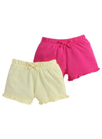 Girls' Jacquard Shorts With Elasticated Waistband And Ruffle Trim- Pink And Yellow-Pack Of 2