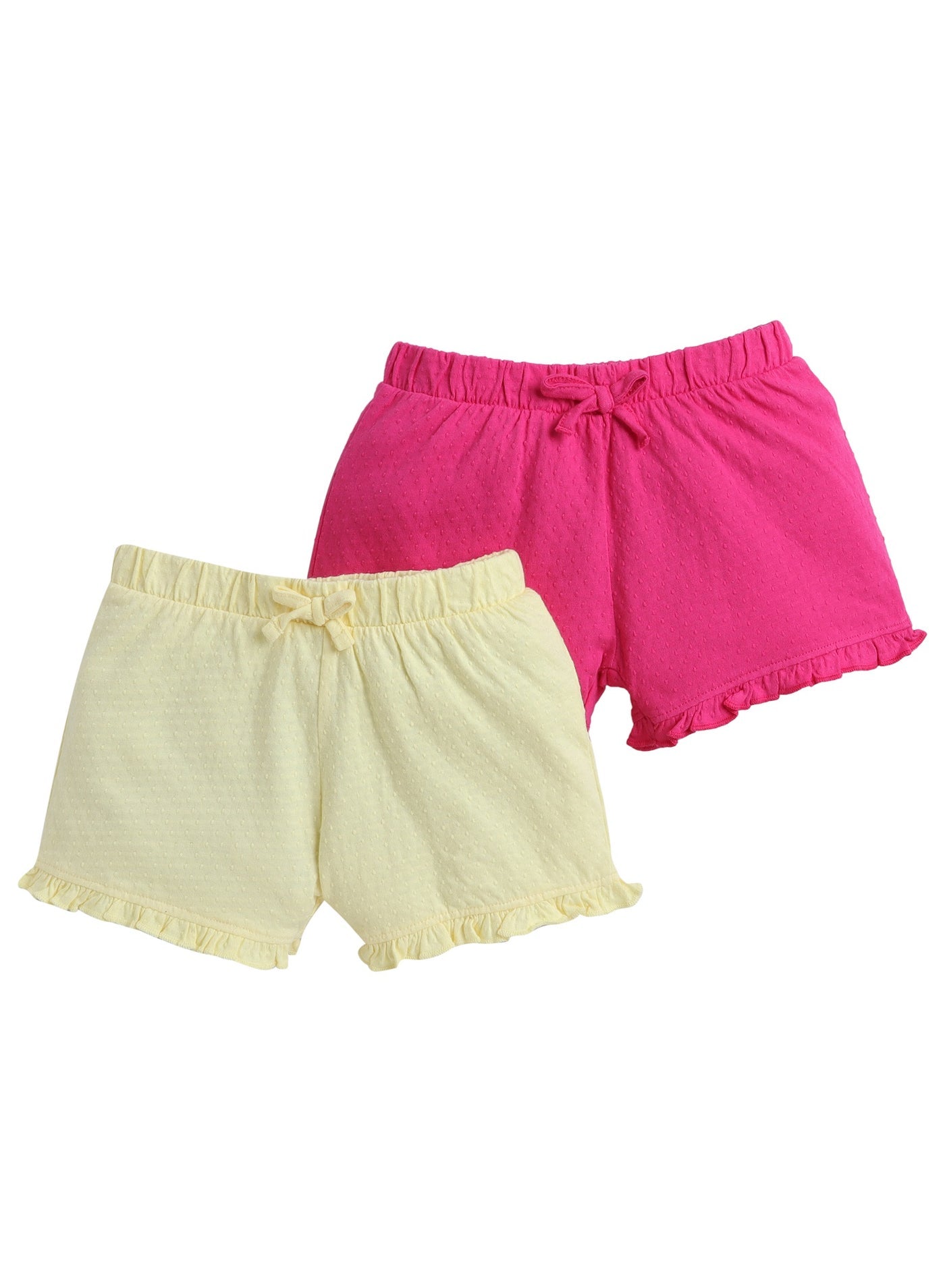 Victor and Jane Girls' Jacquard Shorts with Elasticated Waistband and Ruffle Trim- Fuschia and Yellow-Pack of 2