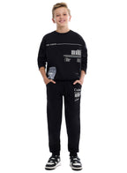 Boys Black Sweatshirt & Jogger Set With Printed Patch Design